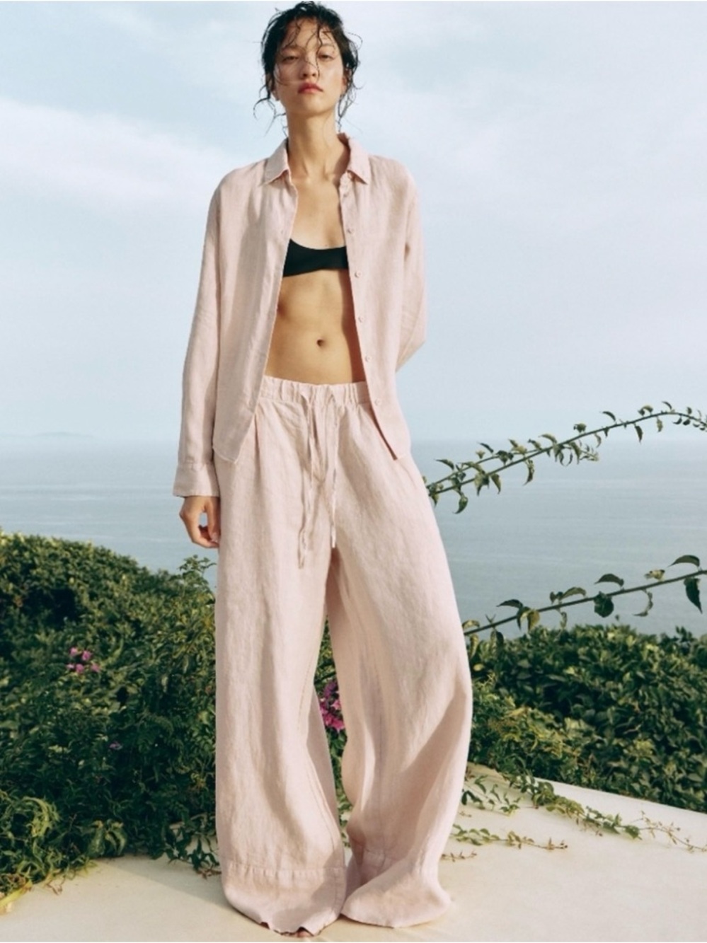 Zara Pale Pink 100% Linen Shirt and Linen Palazzo Pants ZW Collection